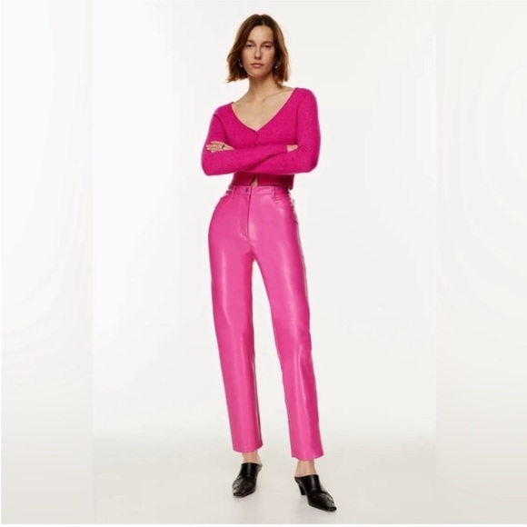 NWT Aritzia Wilfred Melina Leather Pants Vital Pink Barbie Vegan Size 0 NEW - Picture 4 of 13